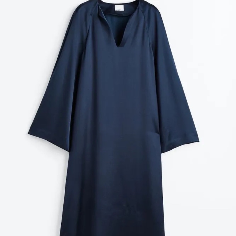 H&M NAVY BLUE Silk-blend tunic dress